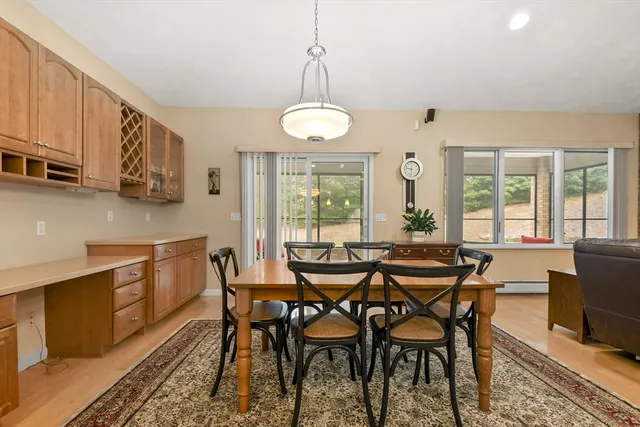 a view of a dining room with furniture