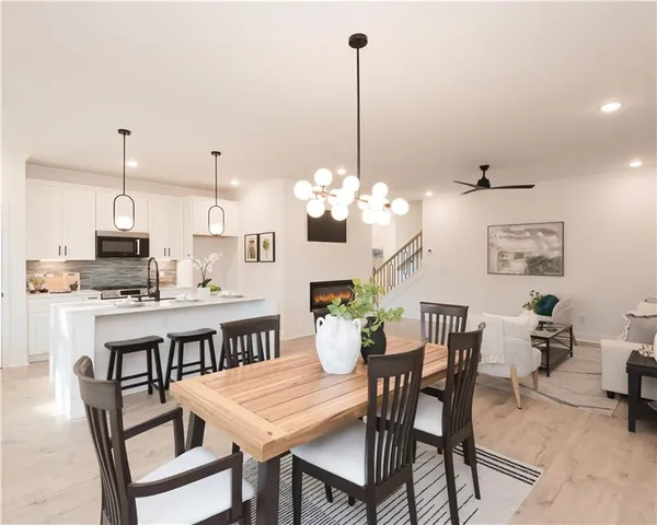 a view of a dining room and furniture