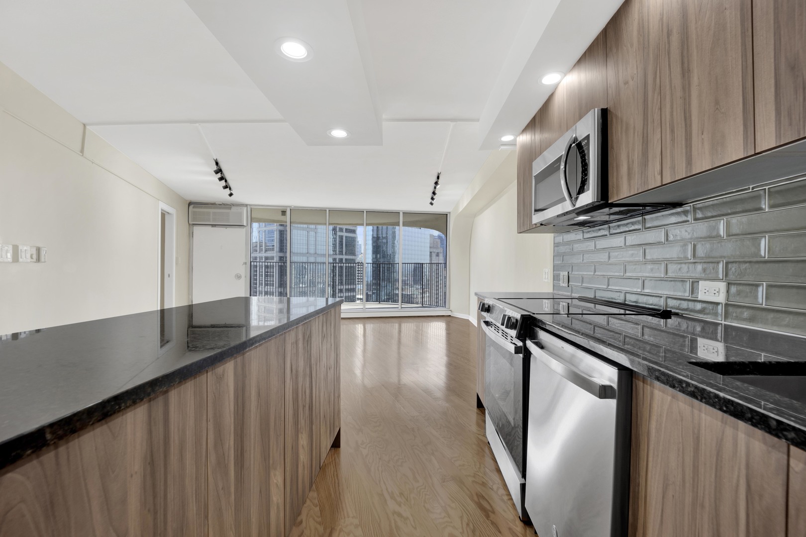 300 North State Street, Unit 4512 Chicago, IL 60654 - Photo 6 of 21 a kitchen with stainless steel appliances granite countertop a sink a stove and a wooden floors