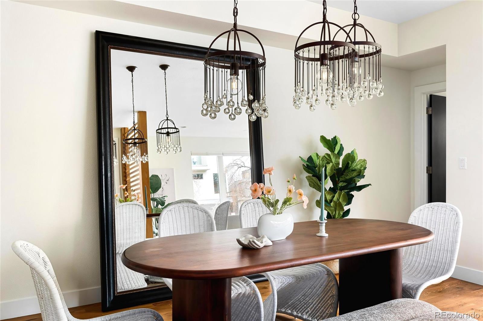 3166 Vallejo Street Denver, CO 80211 - Photo 20 of 50 a view of a dining room with furniture wooden floor and a chandelier