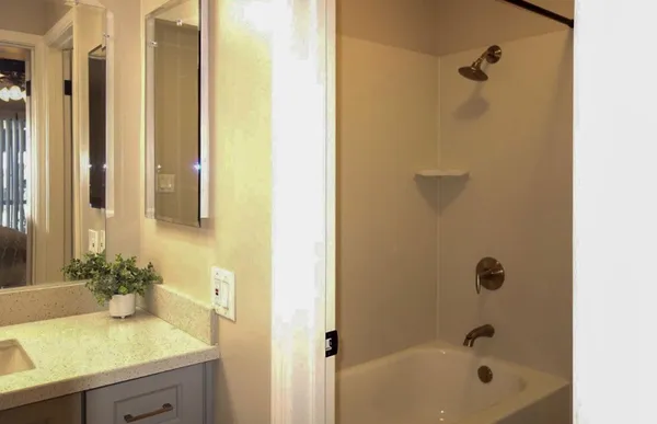 a bathroom with a sink and a mirror