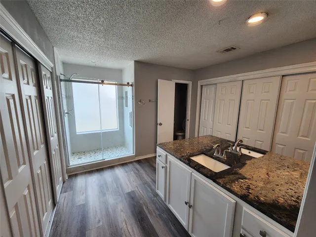 a bathroom with a granite countertop sink and a mirror