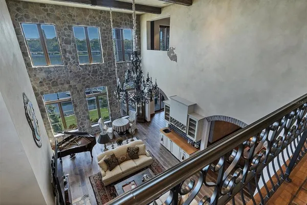 a view of a lake with outdoor seating