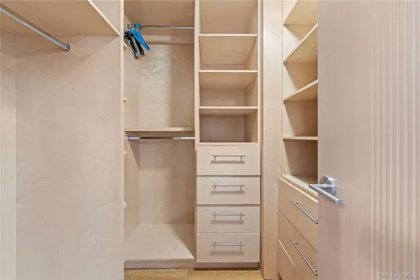 a view of walk in closet with empty racks
