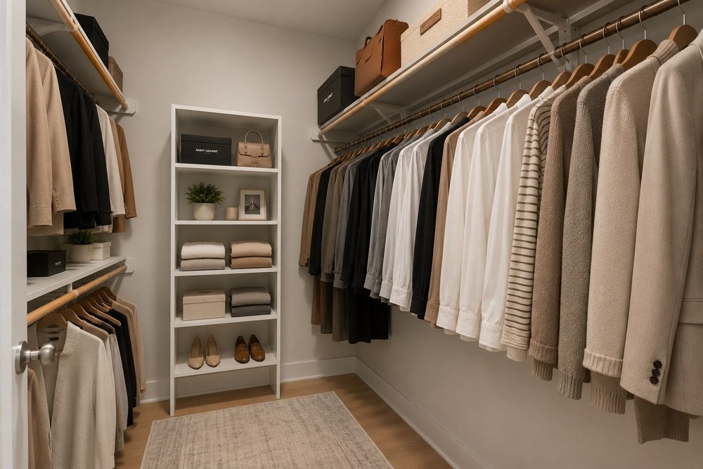 2827 Manor Road, Unit 2201 Austin, TX 78722 - Photo 31 of 40 Walk-in closet featuring light-colored walls, wood-finish flooring, white built-in shelving, two levels of hanging rods, and an overhead storage shelf