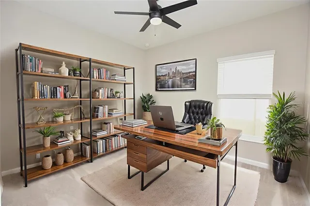 a workspace with a bookshelf and a potted plant