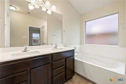 a bathroom with a tub a sink and mirror