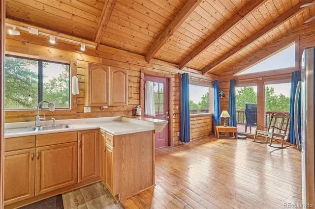 a open kitchen with a large window
