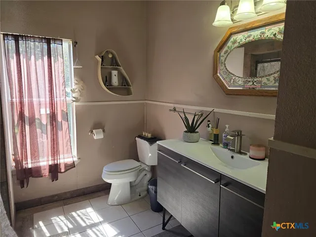 a bathroom with a toilet sink vanity and mirror