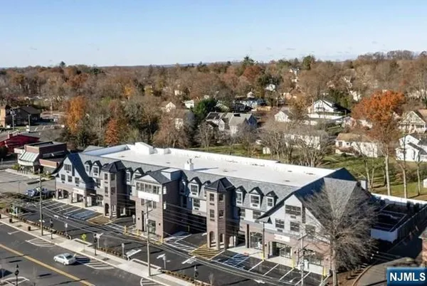 an aerial view of a house with a mountain