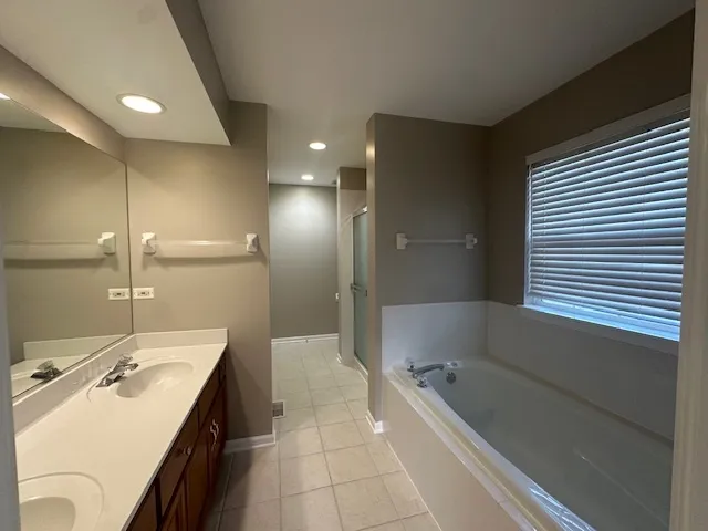 a bathroom with a tub sink shower and mirror