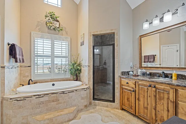 a bathroom with a granite countertop sink a mirror and a shower