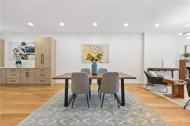 a view of a dining room with furniture