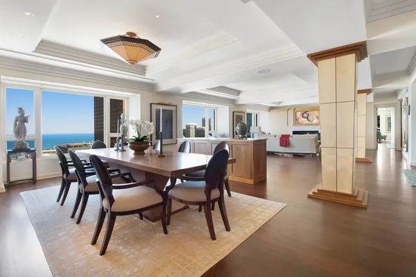 a view of a dining room with furniture