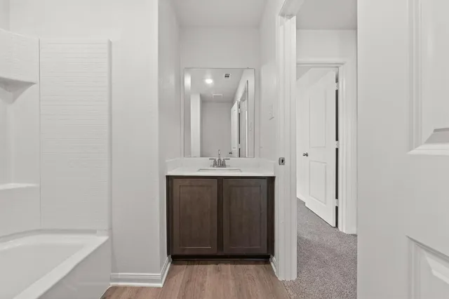 a bathroom with a sink a mirror and a bathtub