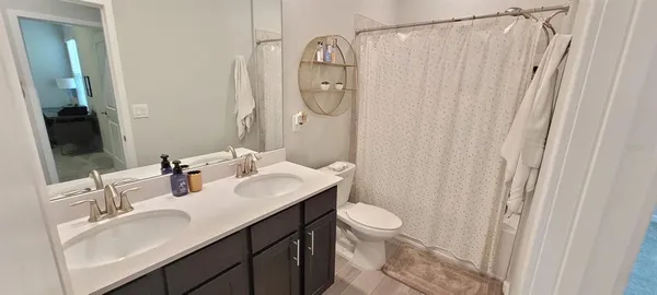 a bathroom with a sink a toilet and shower curtain