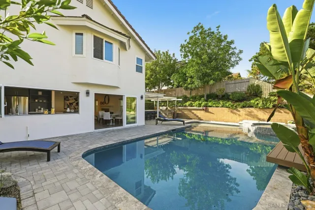 a view of a backyard with swimming pool
