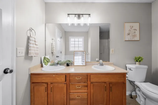 a bathroom with a sink double vanity and a toilet