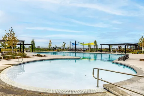 an aerial view of a swimming pool