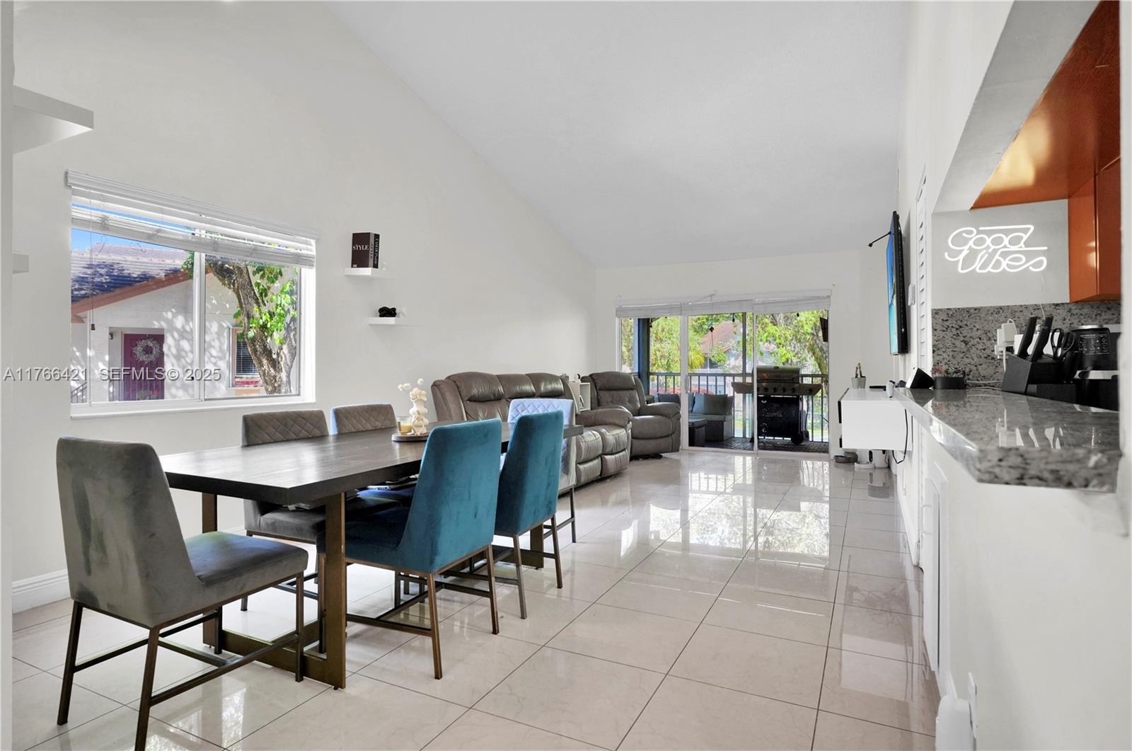 a view of a dining room with furniture
