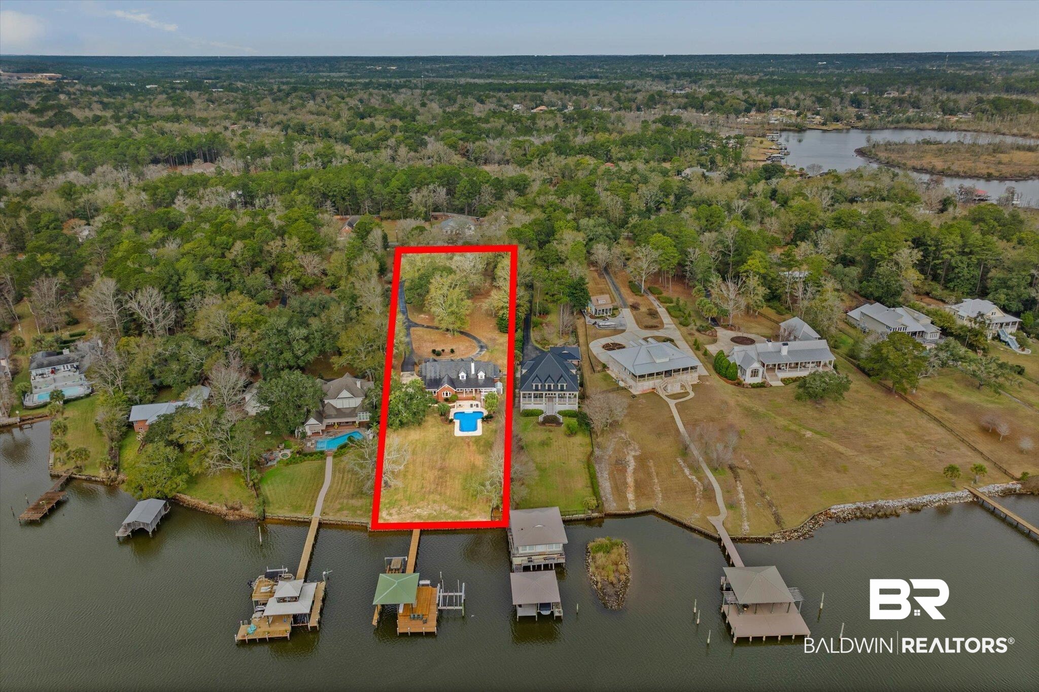 4851 Audubon Drive Mobile, AL 36619 - Photo 34 of 46 Aerial view of property's location featuring a nearby body of water and property parcel outlined