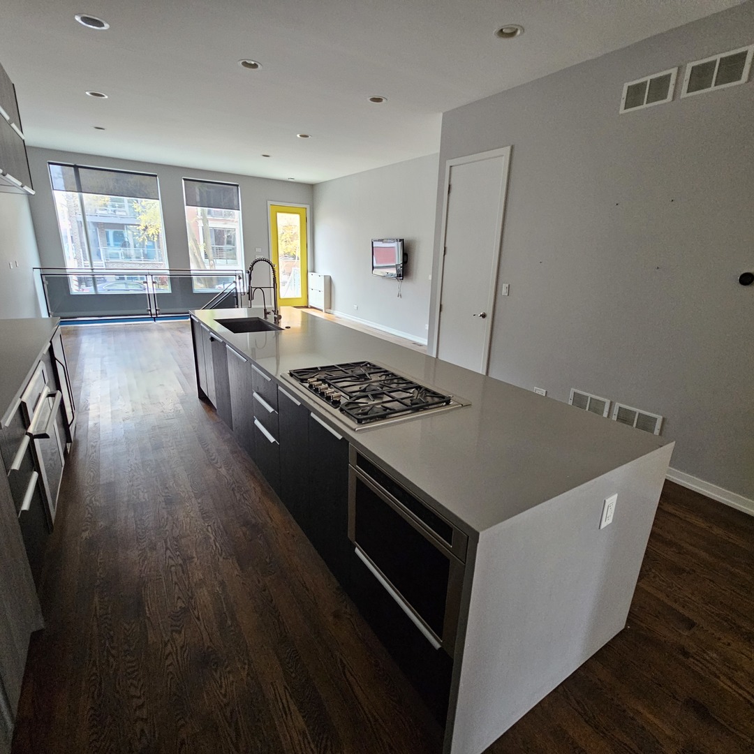 1013 North Honore Street, Unit 1 Chicago, IL 60622 - Photo 10 of 17 a kitchen with stainless steel appliances granite countertop a stove a sink dishwasher a refrigerator and wooden floor
