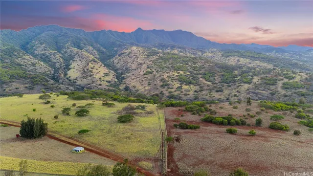 a view of a field with mountains in the background