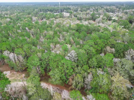 an aerial view of residential houses with outdoor space and trees
