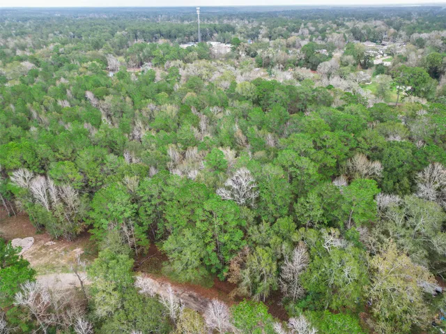 an aerial view of residential houses with outdoor space and trees