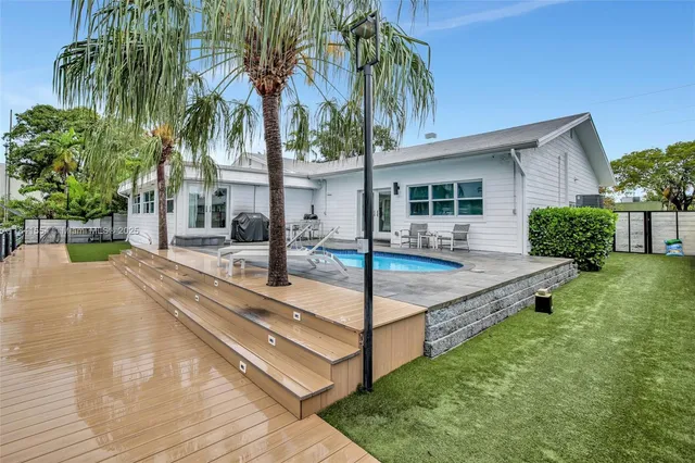 a view of a house with backyard and swimming pool