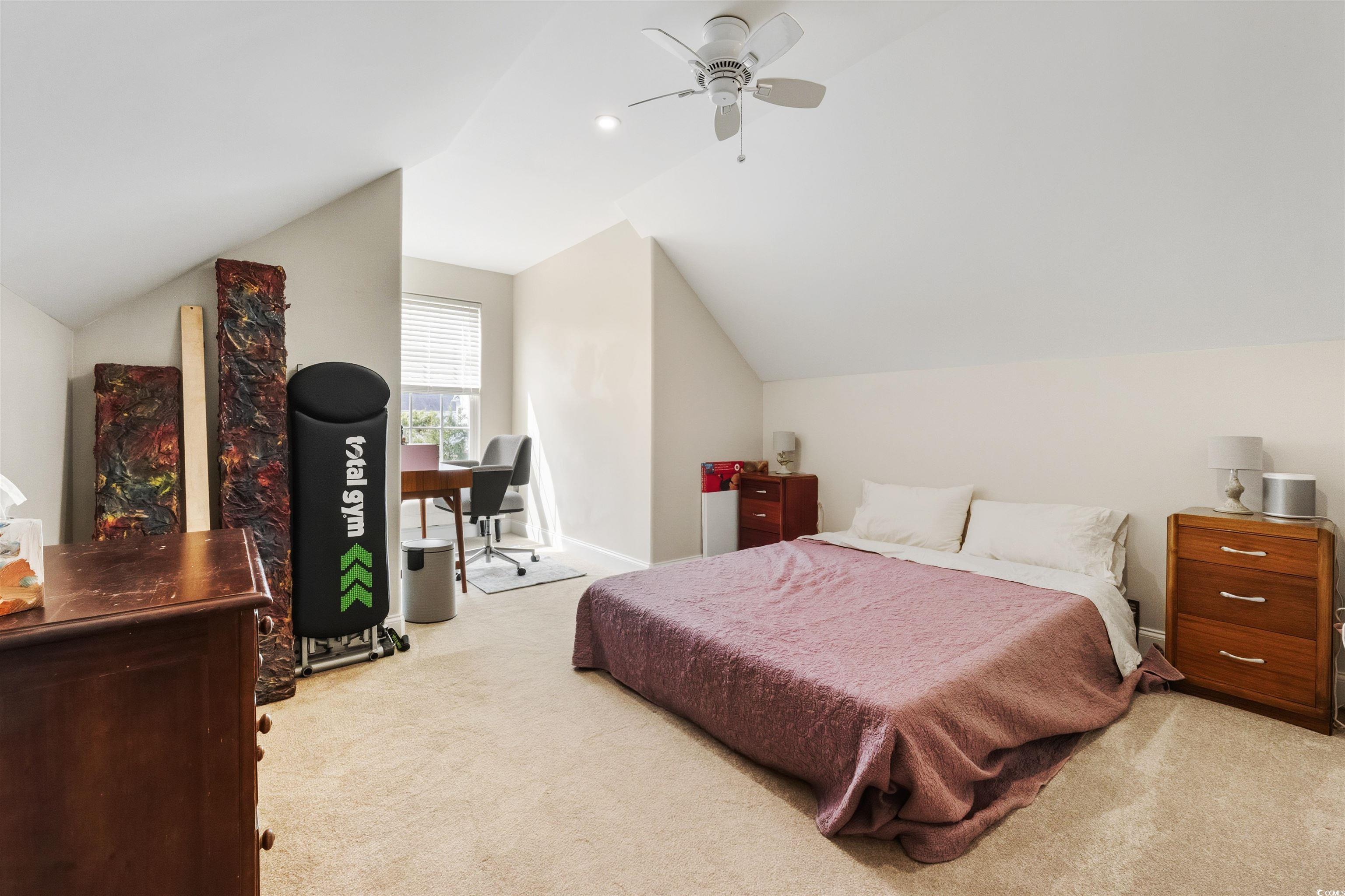 2073 Timmerman Road Myrtle Beach, SC 29588 - Photo 19 of 34 Bedroom with light carpet, lofted ceiling, ceiling fan, and an office area
