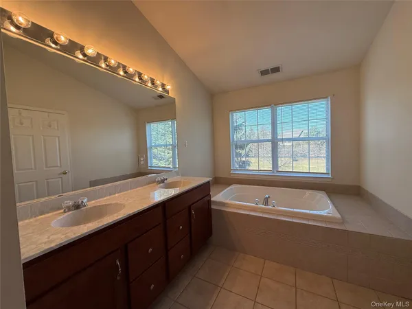 a bathroom with a tub sink and mirror