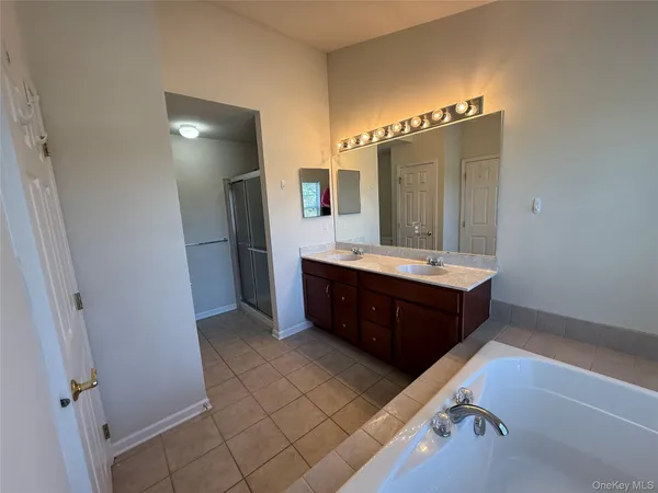 a bathroom with a double vanity sink a mirror and a shower