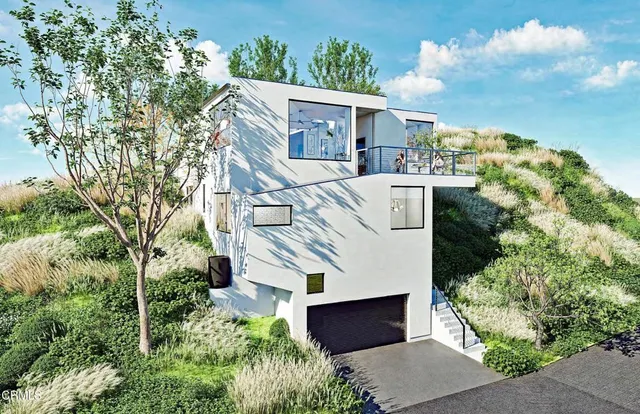 a view of a house with a yard and potted plants