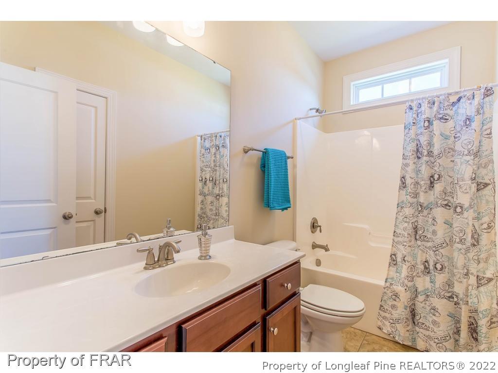 409 St Johns Loop Raeford, NC 28376 - Photo 10 of 36 a bathroom with a sink a toilet a mirror and shower