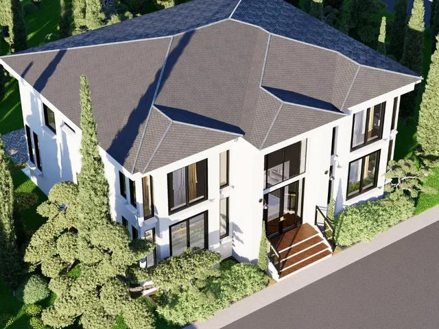 a aerial view of a house with garden