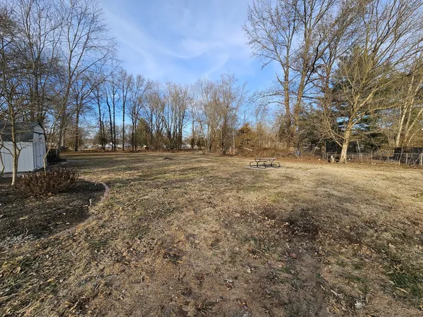 a view of dirt yard with large trees