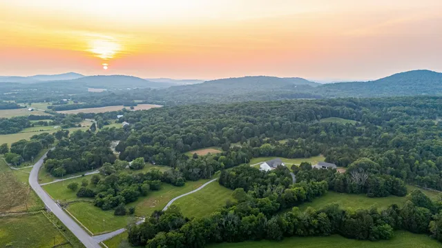 an aerial view of green landscape with trees houses and mountain view