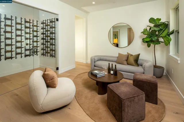 a living room with furniture and a potted plant
