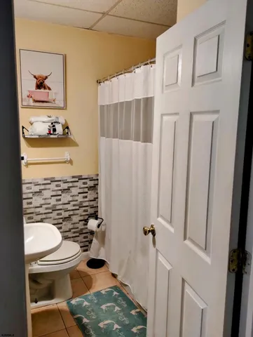 a bathroom with a toilet and a shower curtain