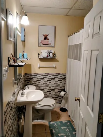 a bathroom with a sink a toilet and mirror