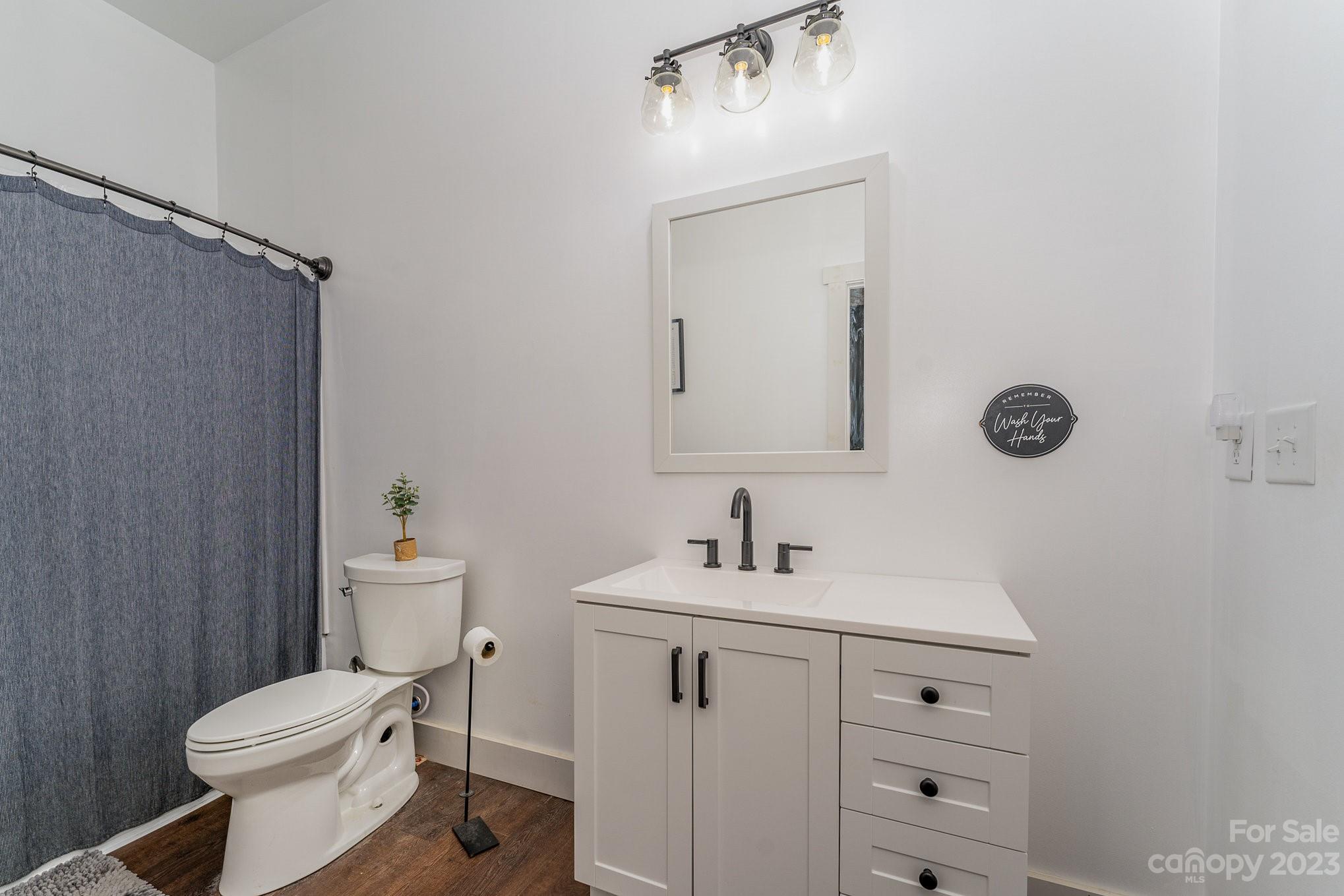 5261 Henderson Road Hamptonville, NC 27020 - Photo 16 of 46 a bathroom with a toilet sink vanity and mirror