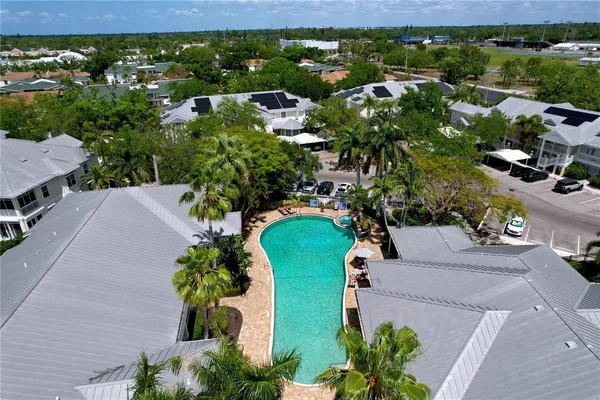 an aerial view of a swimming pool