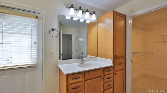 a bathroom with a sink vanity and a mirror