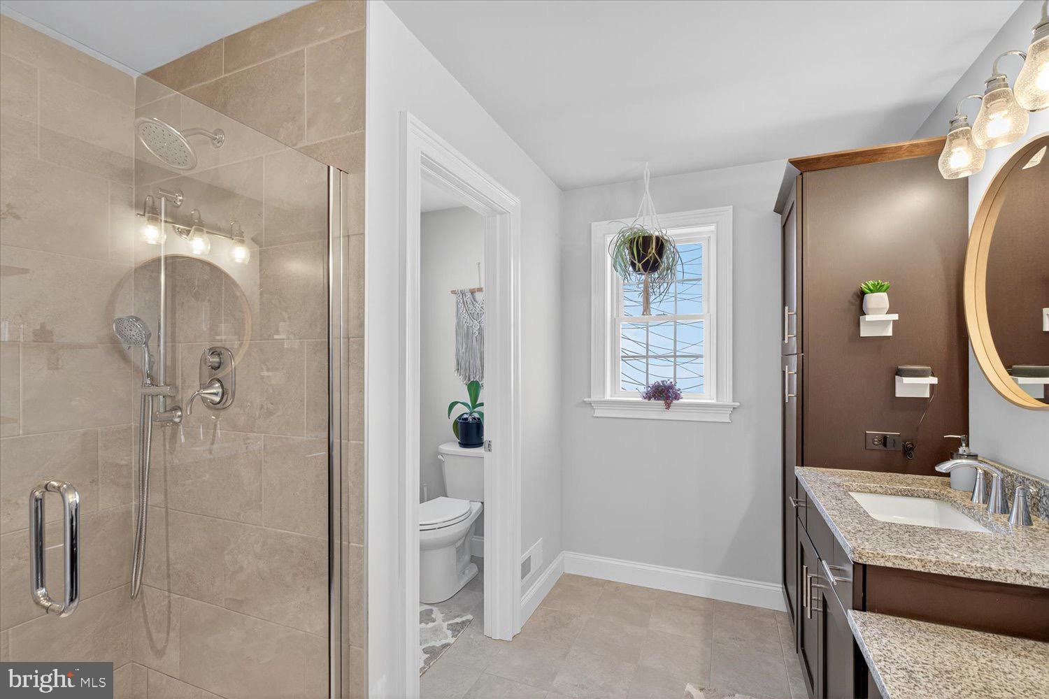311 Ecker Drive Lititz, PA 17543 - Photo 26 of 49 a bathroom with a granite countertop sink a toilet a mirror and shower
