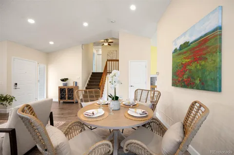 a view of a dining room with furniture