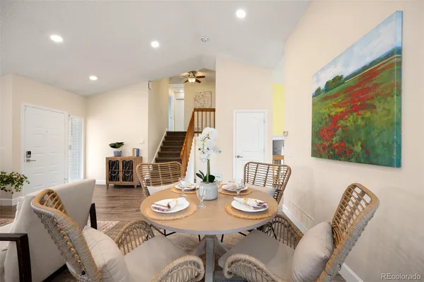 a view of a dining room with furniture