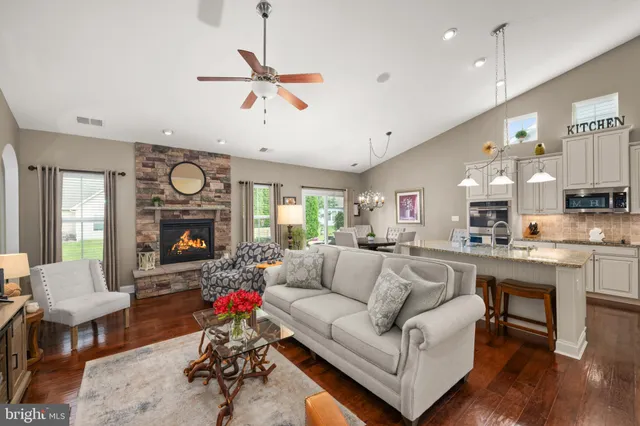 a living room with furniture and a fireplace