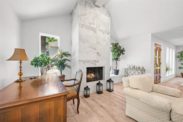 a living room with furniture a fireplace and potted plants
