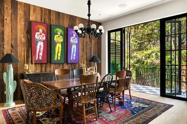 a table and chairs in a shelf
